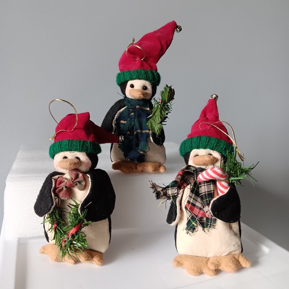 Christmas Penguins Ornaments Set of 3 Felted Red Hats Evergreen Boughs Scarves